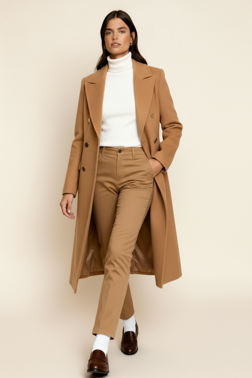 Women’s Wool Blend Coat – Double-Breasted Tailored Long Coat with Classic Lapel