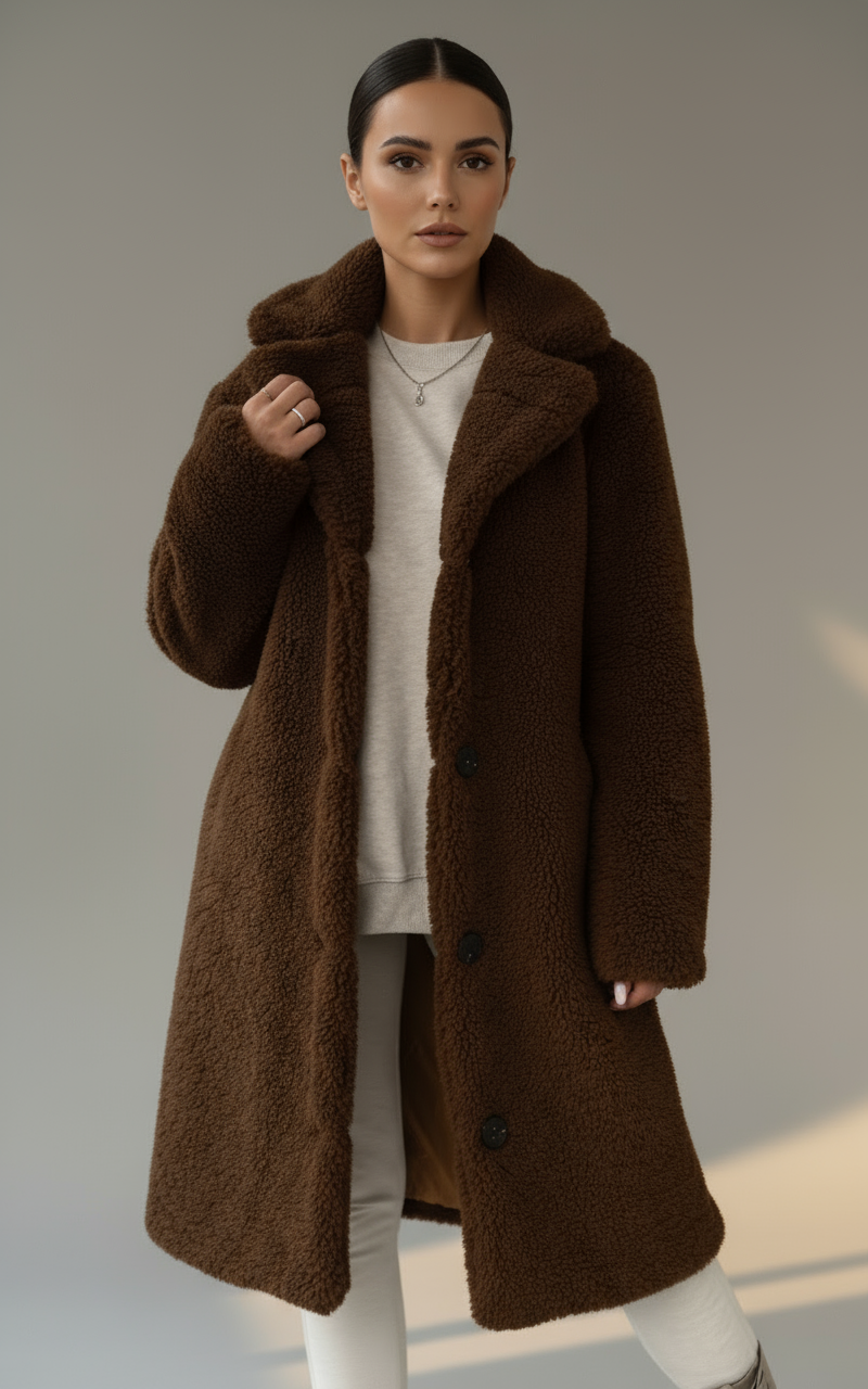 Women’s Long Teddy Coat with Buttons | Cozy Faux Fur Winter Overcoat