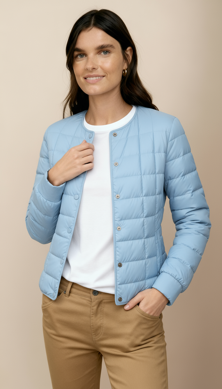 Women’s Lightweight Puffer Jacket – Collarless Water-Resistant Winter Coat with Button Front | Minimalist Warm Outerwear