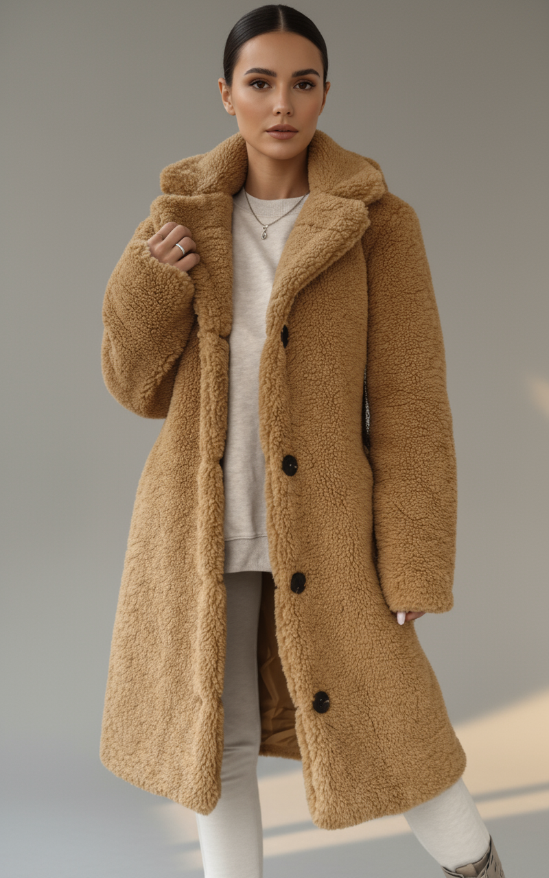 Women’s Long Teddy Coat with Buttons | Cozy Faux Fur Winter Overcoat