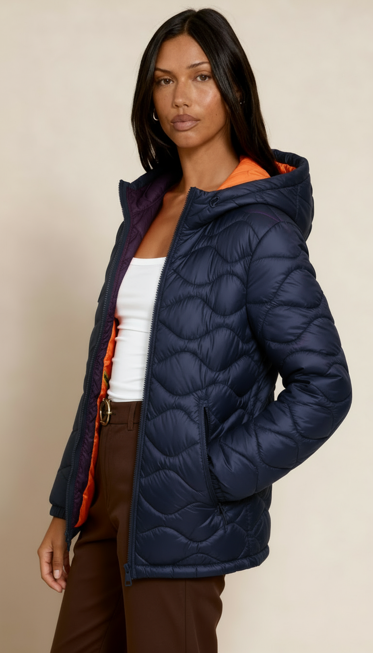 Women’s Puffer Jacket – Windproof Padded Winter Coat with Drawstring Hood & Dual Zipper Button Closure