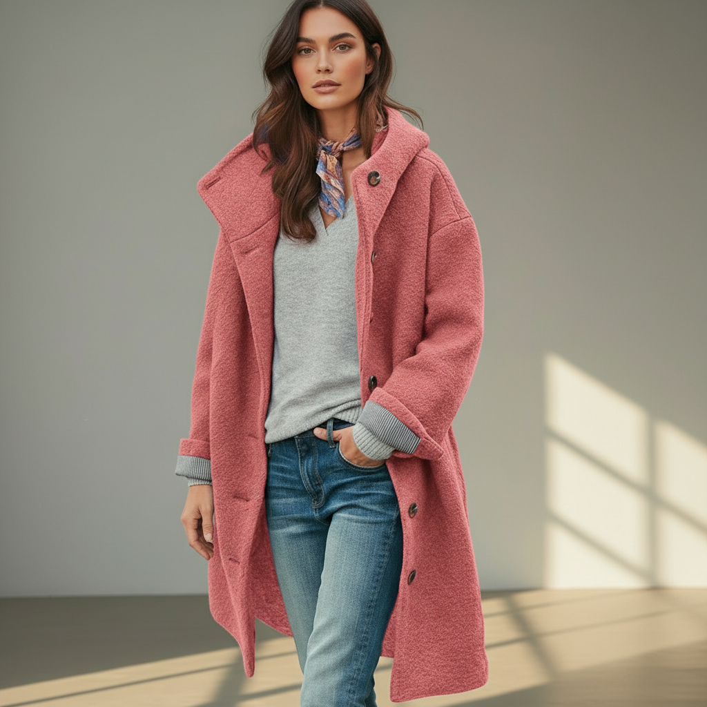 Women’s Wool Blend Coat with Hood - Long Winter Coat, Classic Turn-Down Collar