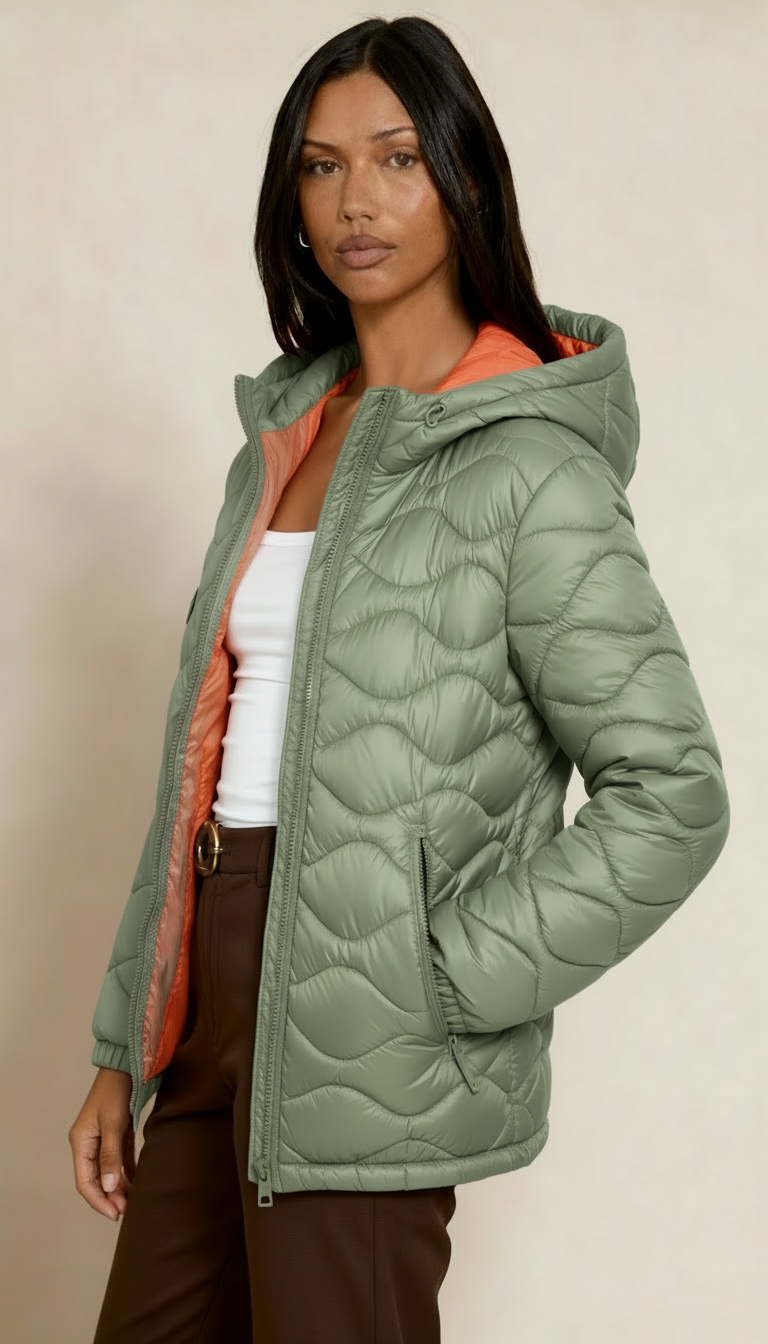 Women’s Puffer Jacket – Windproof Padded Winter Coat with Drawstring Hood & Dual Zipper Button Closure