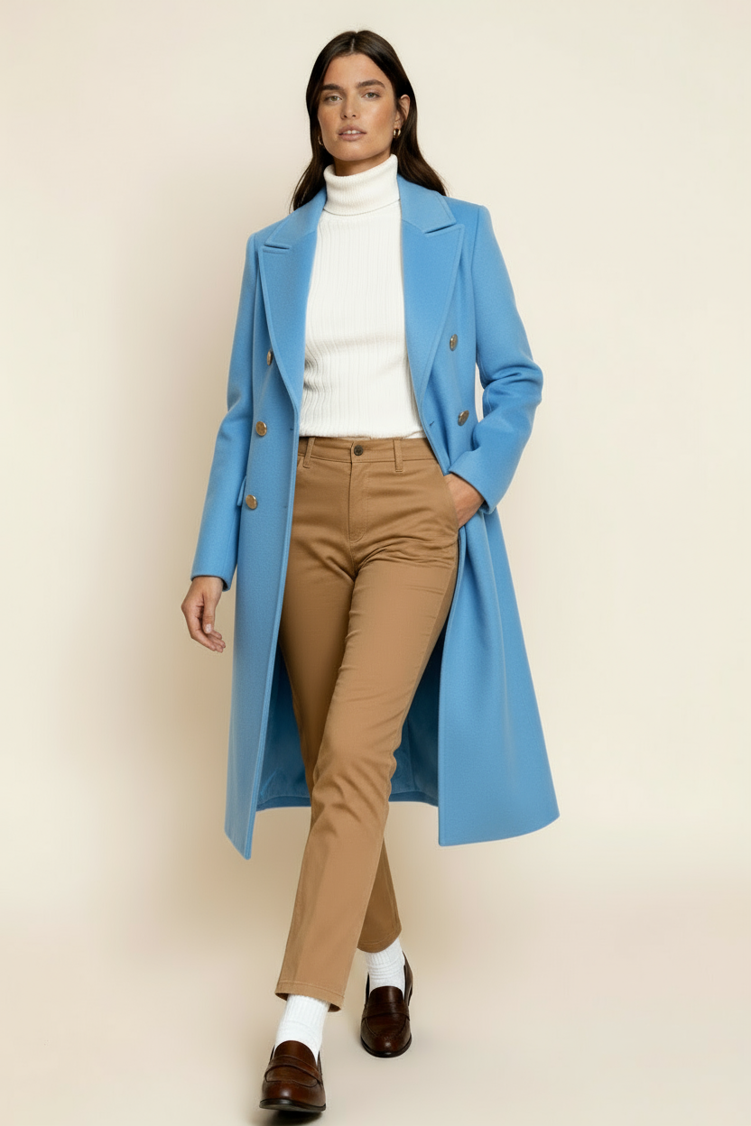 Women’s Wool Blend Coat – Double-Breasted Tailored Long Coat with Classic Lapel
