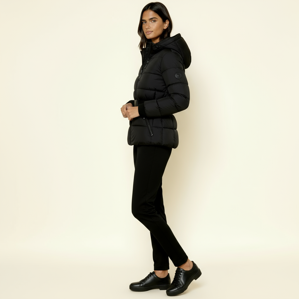 Women’s Puffer Quilted Jacket with Adjustable Belt & Hood – Warm Winter Coat