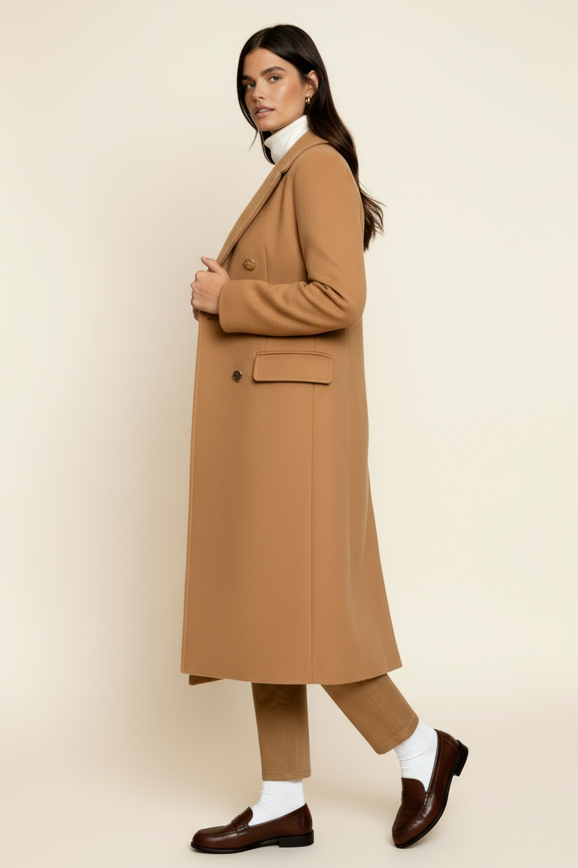 Women’s Wool Blend Coat – Double-Breasted Tailored Long Coat with Classic Lapel