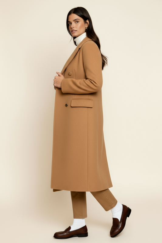 Women’s Wool Blend Coat – Double-Breasted Tailored Long Coat with Classic Lapel