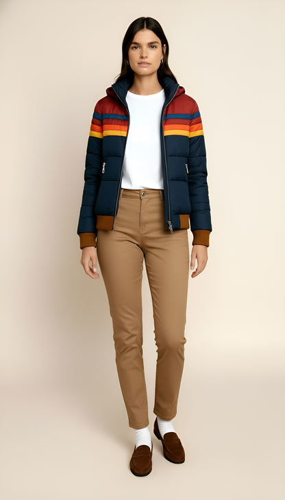 Women’s Waterproof Colorblock Puffer Jacket – Hooded Insulated Winter Coat