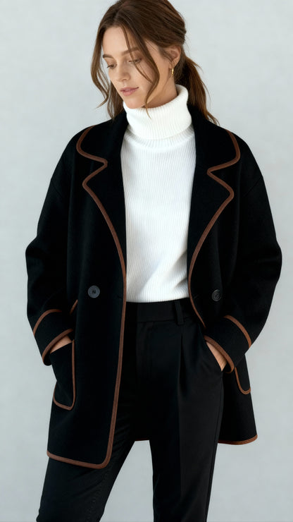 Women’s Tailored Wool Blend Coat – Double-Breasted Mid-Length Jacket with Notch Lapel