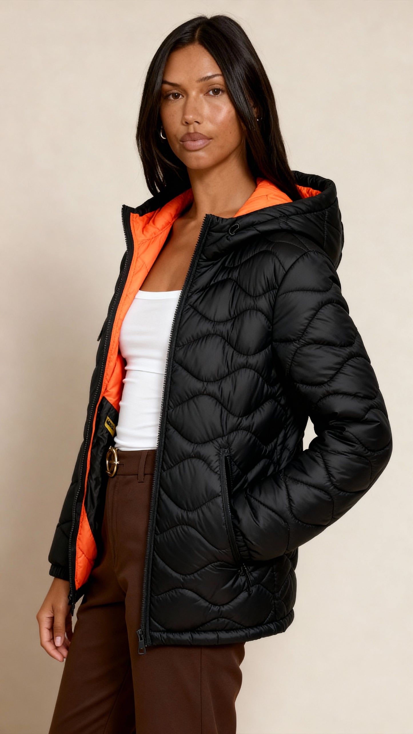Women’s Puffer Jacket – Windproof Padded Winter Coat with Drawstring Hood & Dual Zipper Button Closure