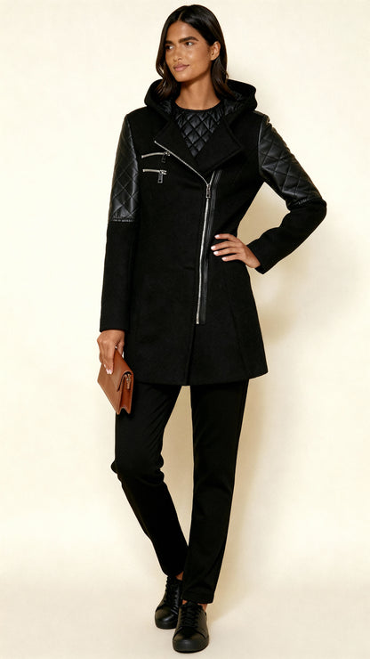 Women’s Asymmetric Zip Coat with Quilted Panels & Hood – Modern Fitted Winter Outerwear