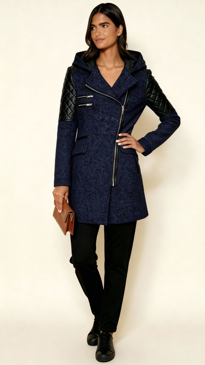 Women’s Asymmetric Zip Coat with Quilted Panels & Hood – Modern Fitted Winter Outerwear