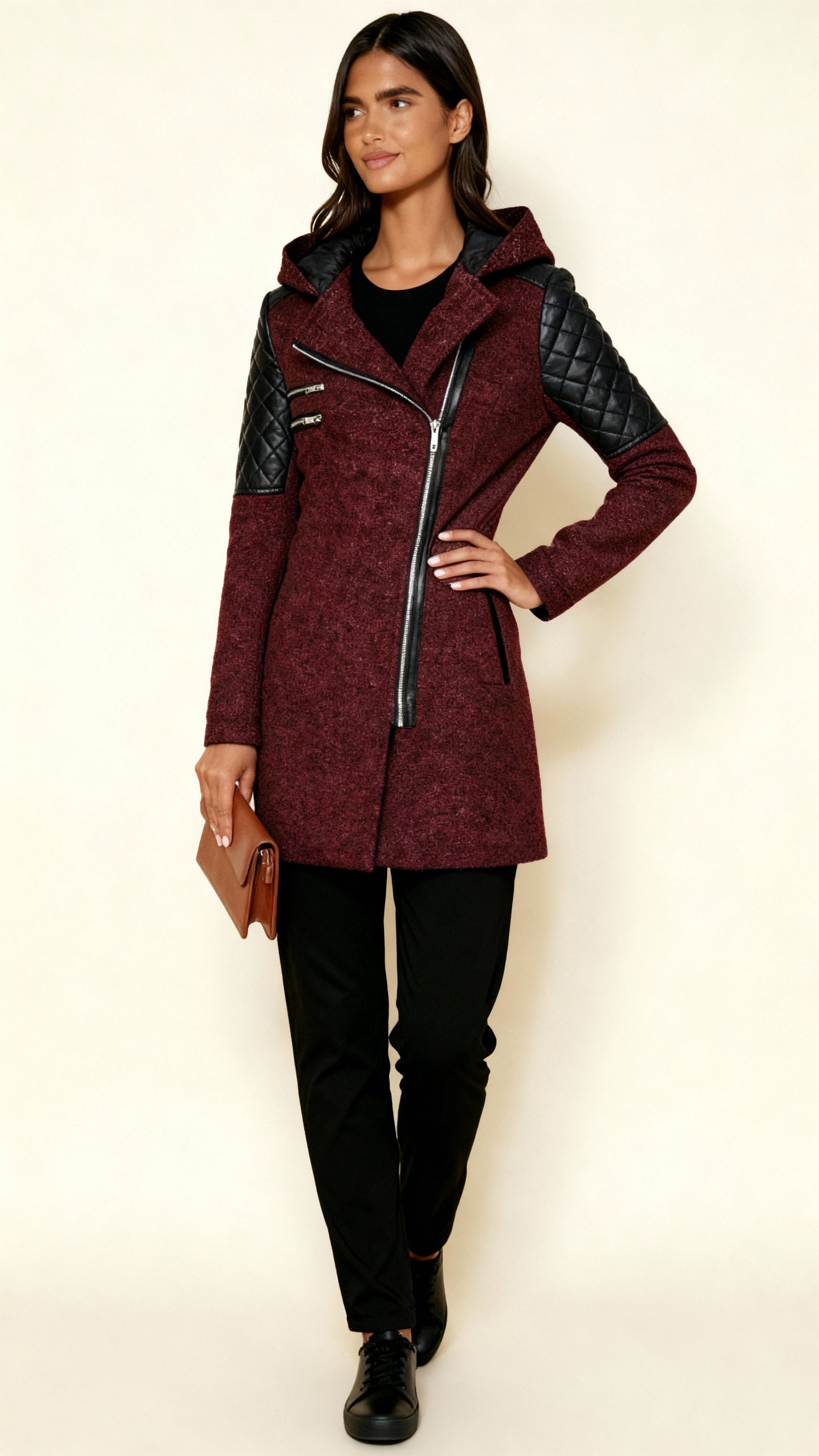 Women’s Asymmetric Zip Coat with Quilted Panels & Hood – Modern Fitted Winter Outerwear