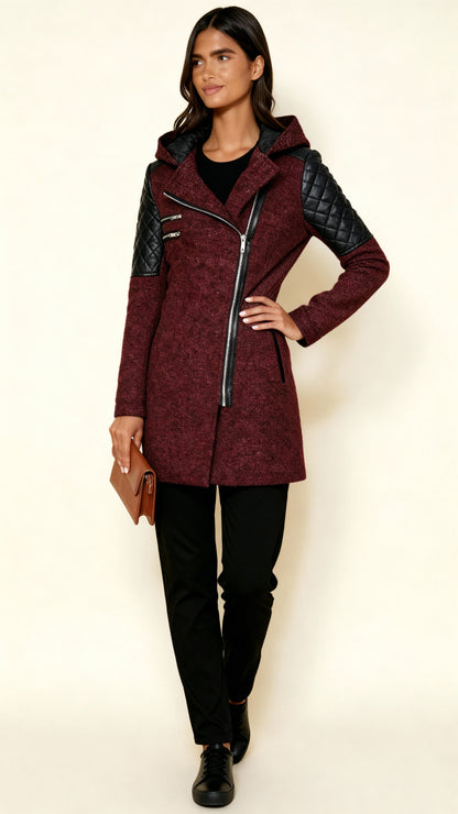 Women’s Asymmetric Zip Coat with Quilted Panels & Hood – Modern Fitted Winter Outerwear