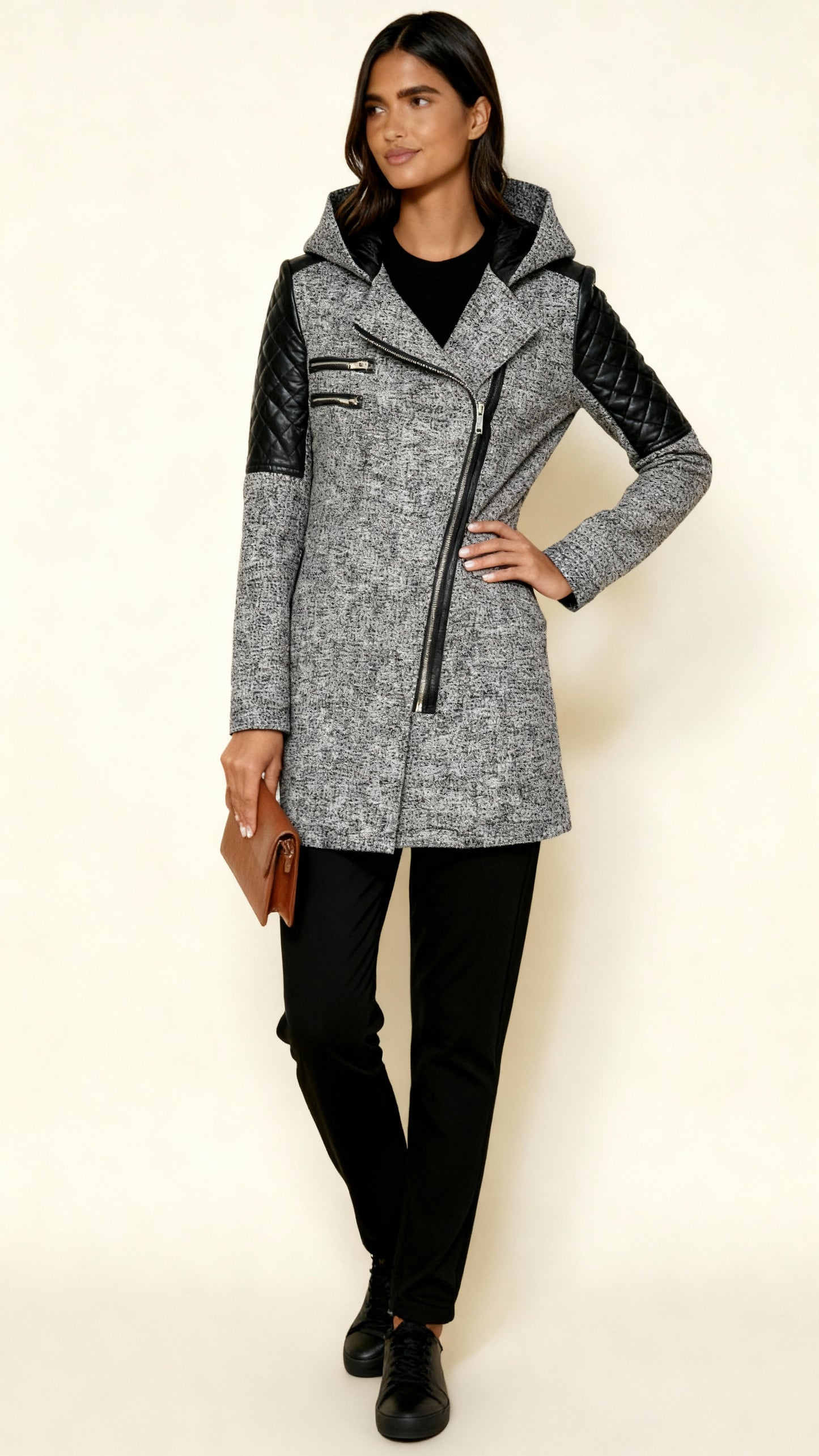 Women’s Asymmetric Zip Coat with Quilted Panels & Hood – Modern Fitted Winter Outerwear