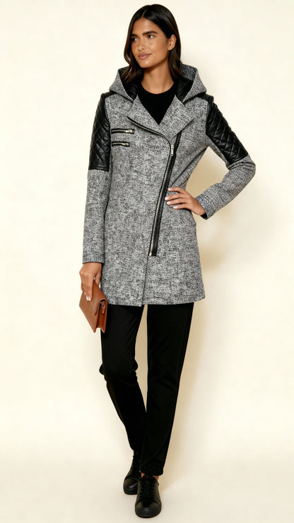 Women’s Asymmetric Zip Coat with Quilted Panels & Hood – Modern Fitted Winter Outerwear