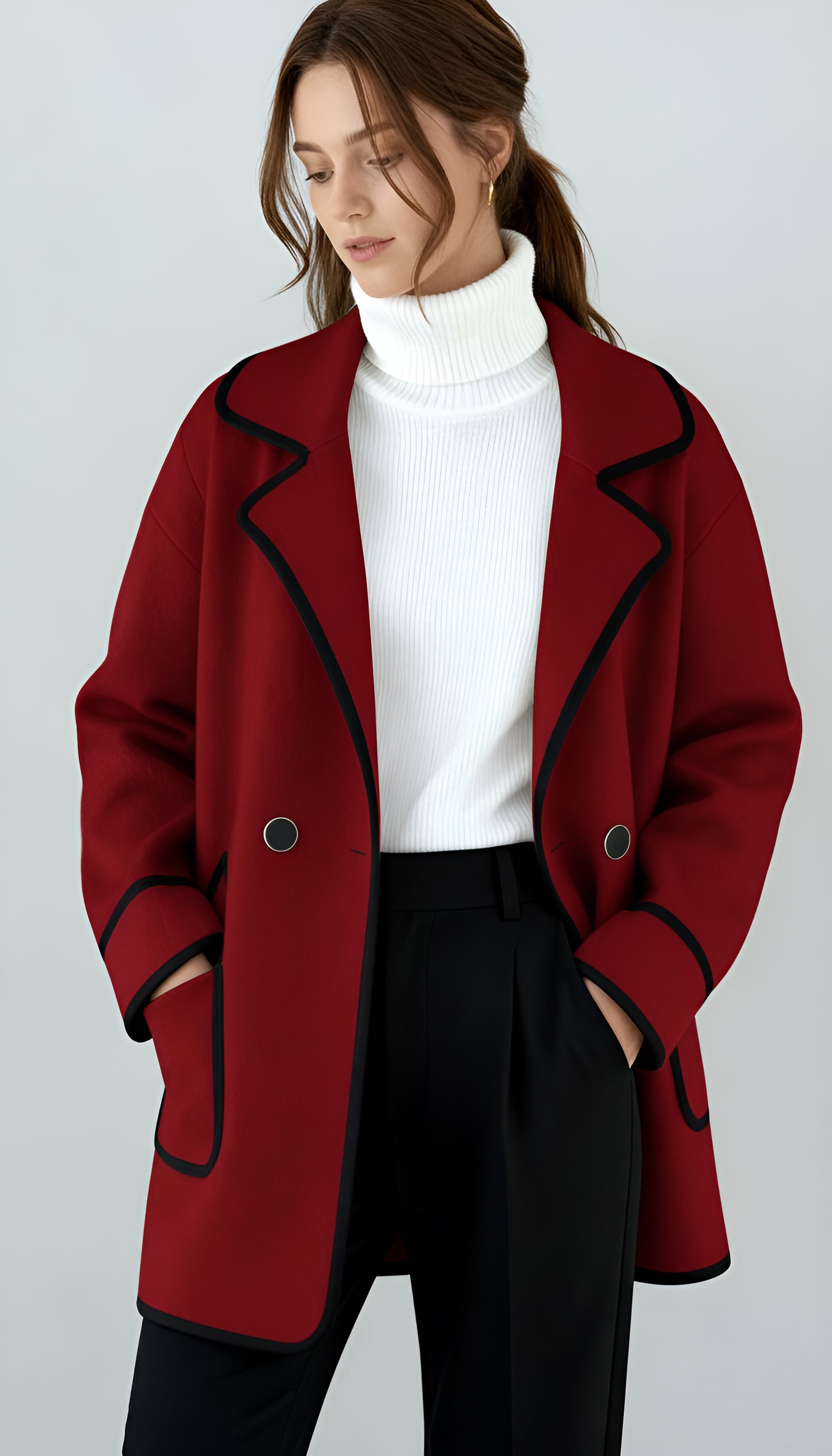 Women’s Tailored Wool Blend Coat – Double-Breasted Mid-Length Jacket with Notch Lapel