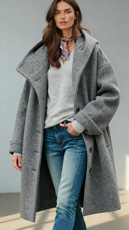 Women’s Wool Blend Coat with Hood - Long Winter Coat, Classic Turn-Down Collar