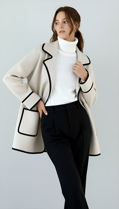 Women’s Tailored Wool Blend Coat – Double-Breasted Mid-Length Jacket with Notch Lapel