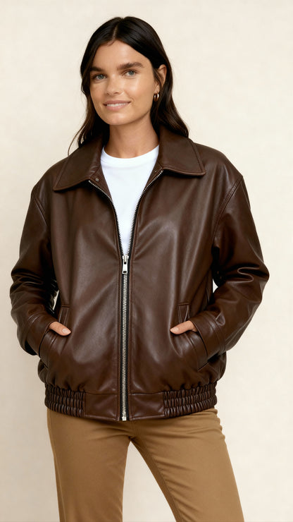 Women’s Zip-Up Biker Jacket – Oversized Bomber Style with Shirred Hem | Modern Streetwear Outerwear