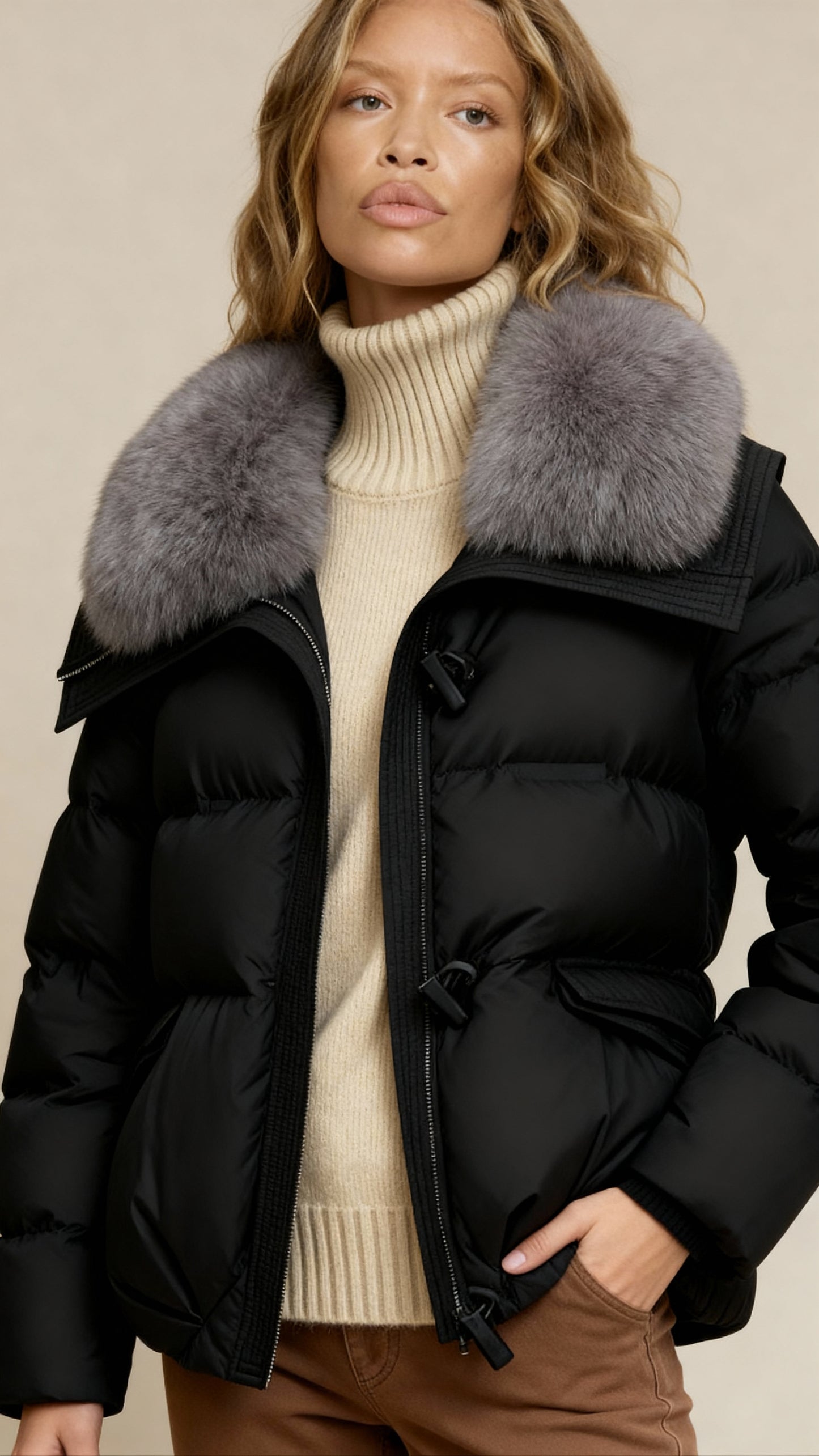Women’s Puffer Jacket with Wide Collar & Snap Closure – Quilted Winter Coat for Elegant Warmth