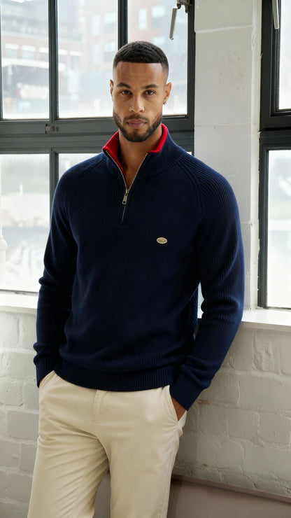 Men’s Ribbed Quarter Zip Jumper – High Neck Knitted Pullover for Smart-Casual Comfort