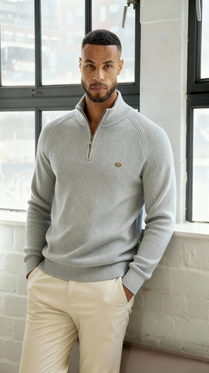 Men’s Ribbed Quarter Zip Jumper – High Neck Knitted Pullover for Smart-Casual Comfort