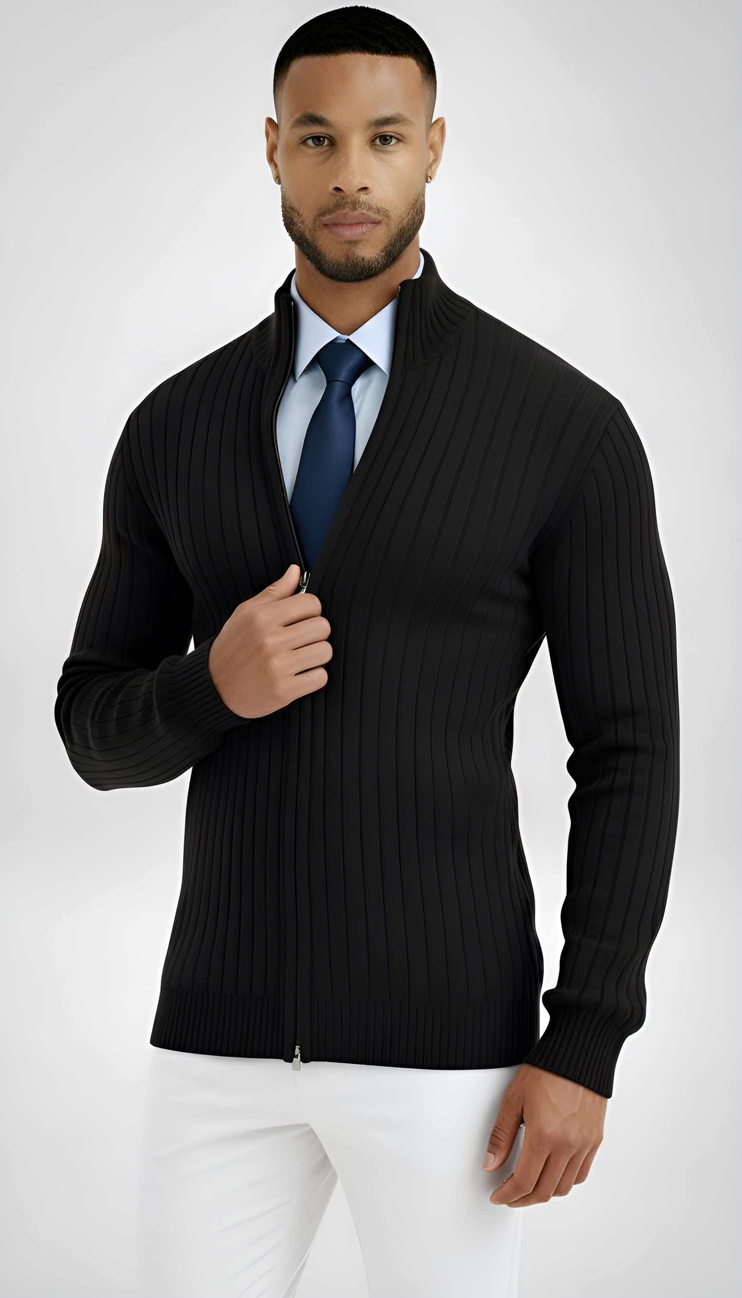 Men’s Ribbed Knit Zip Sweater – High Neck Wool Blend Pullover - Classic Fit