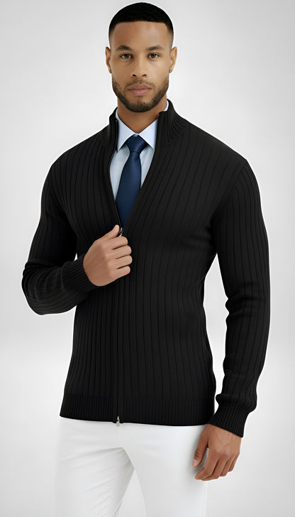 Men’s Ribbed Knit Zip Sweater – High Neck Wool Blend Pullover - Classic Fit