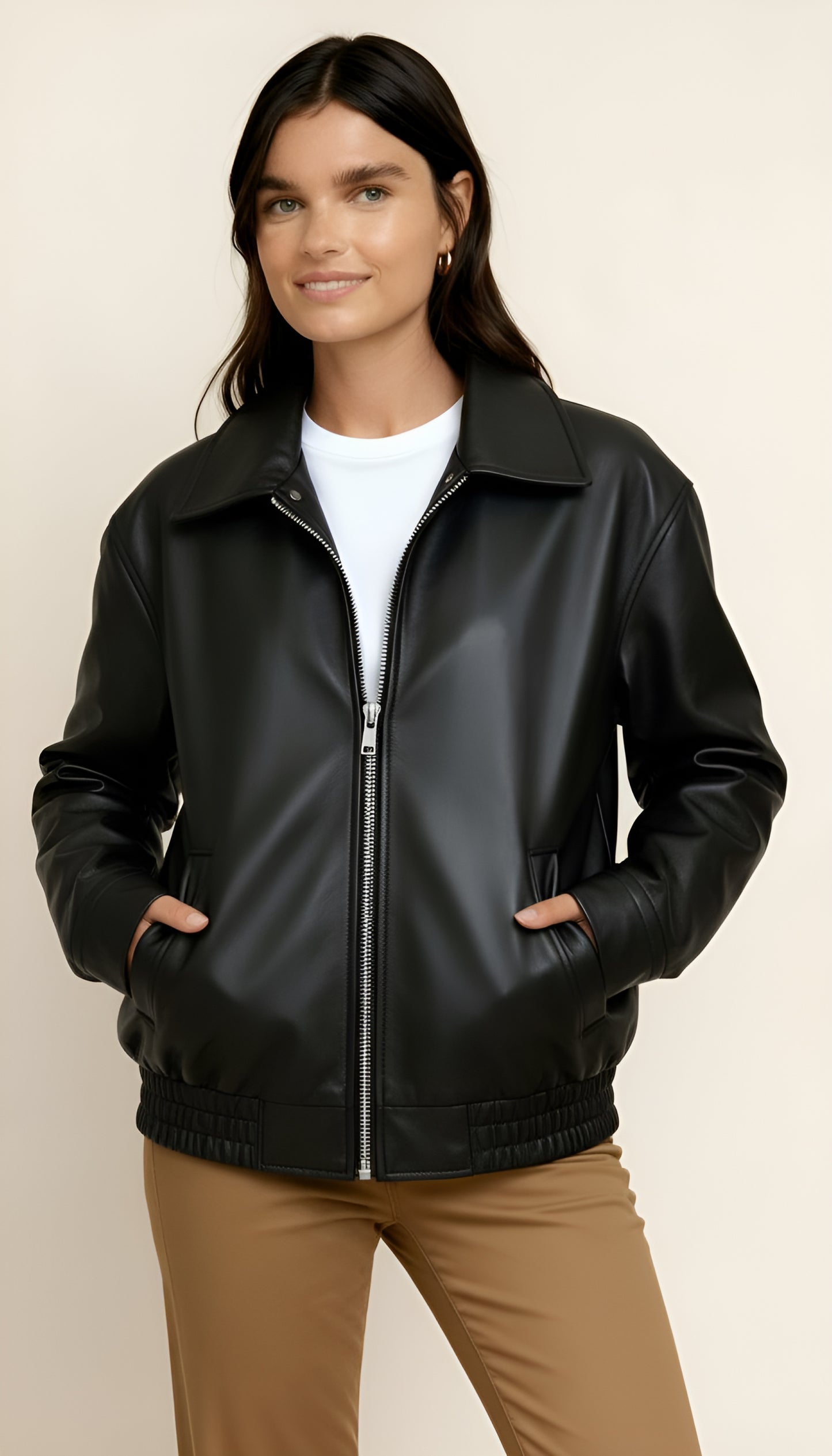Women’s Zip-Up Biker Jacket – Oversized Bomber Style with Shirred Hem | Modern Streetwear Outerwear