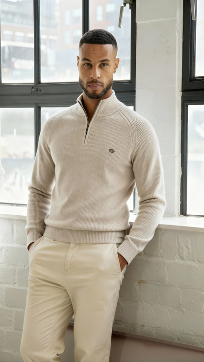 Men’s Ribbed Quarter Zip Jumper – High Neck Knitted Pullover for Smart-Casual Comfort
