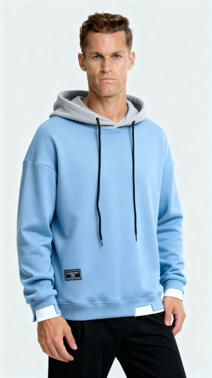 Men’s Contrast Hooded Jumper – Oversized Fit Long Sleeve Pullover for Modern Casual Style