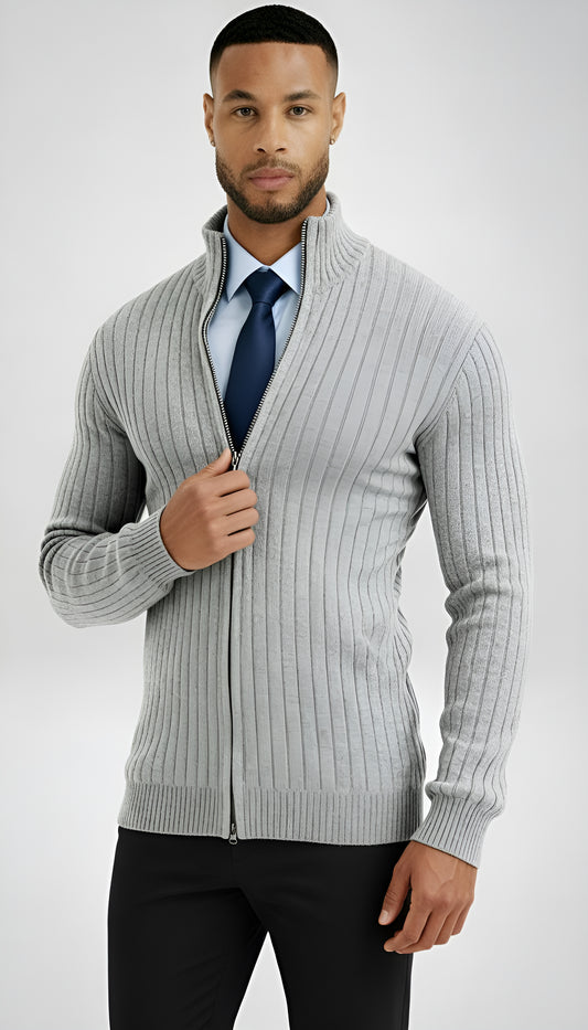 Men’s Ribbed Knit Zip Sweater – High Neck Wool Blend Pullover - Classic Fit