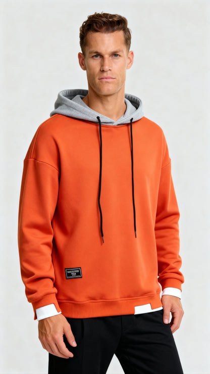 Men’s Contrast Hooded Jumper – Oversized Fit Long Sleeve Pullover for Modern Casual Style