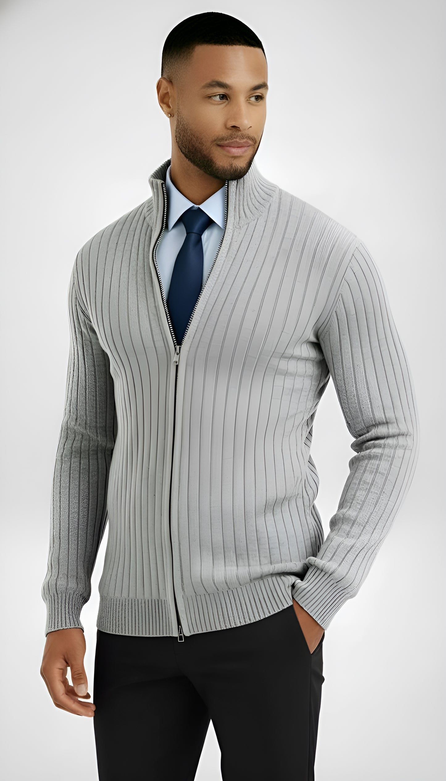 Men’s Ribbed Knit Zip Sweater – High Neck Wool Blend Pullover - Classic Fit