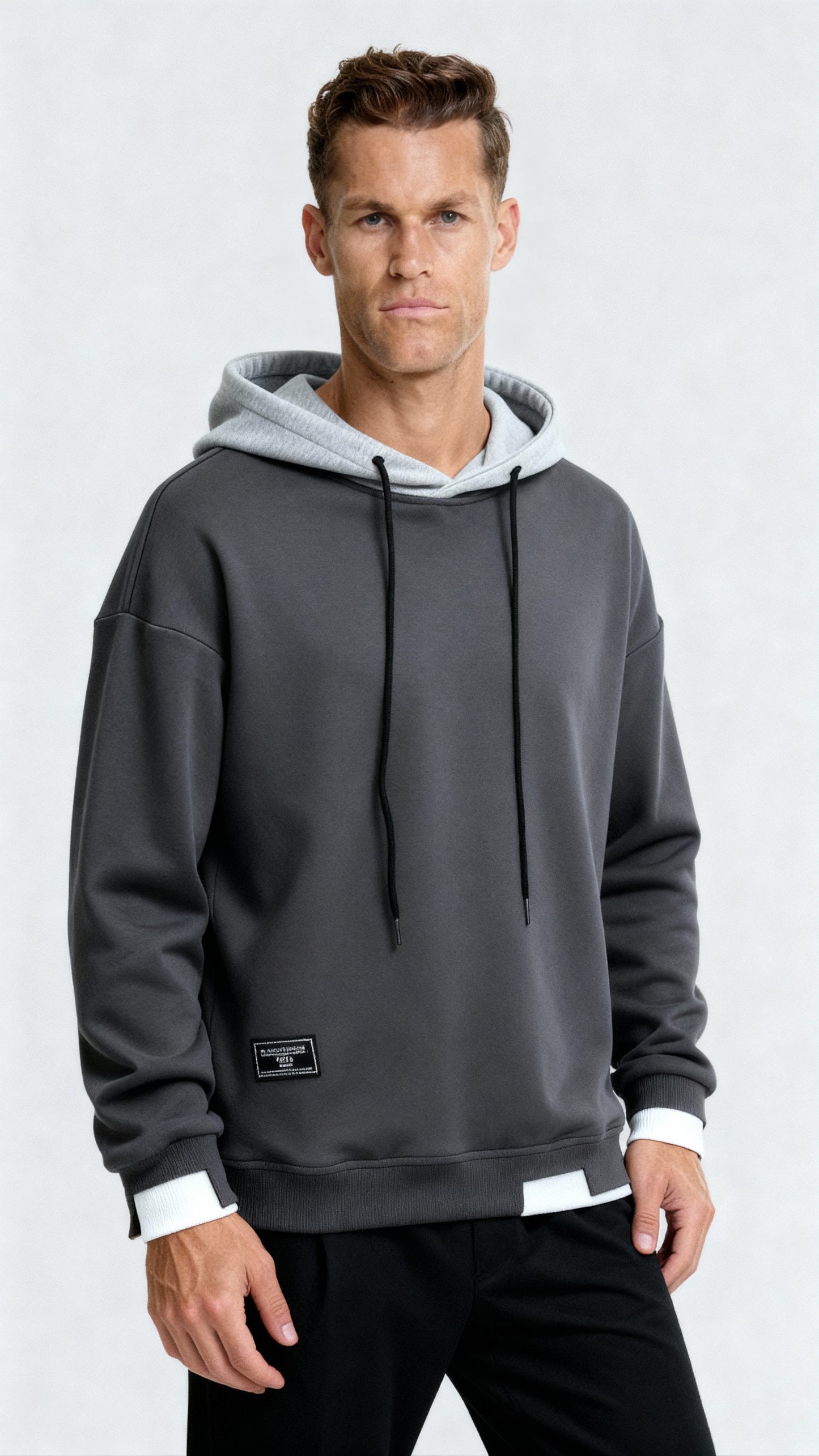 Men’s Contrast Hooded Jumper – Oversized Fit Long Sleeve Pullover for Modern Casual Style
