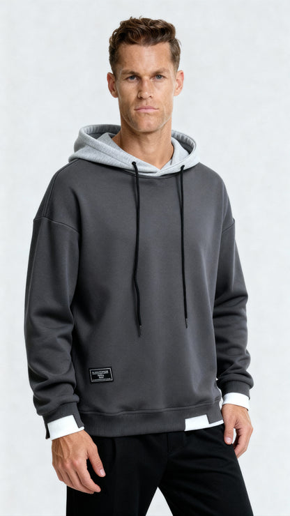 Men’s Contrast Hooded Jumper – Oversized Fit Long Sleeve Pullover for Modern Casual Style
