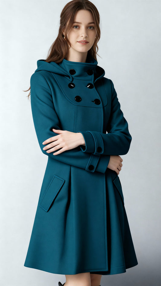 Women’s Hooded A-Line Winter Coat – Double-Breasted Trench Design with Flared Silhouette | Elegant Outerwear