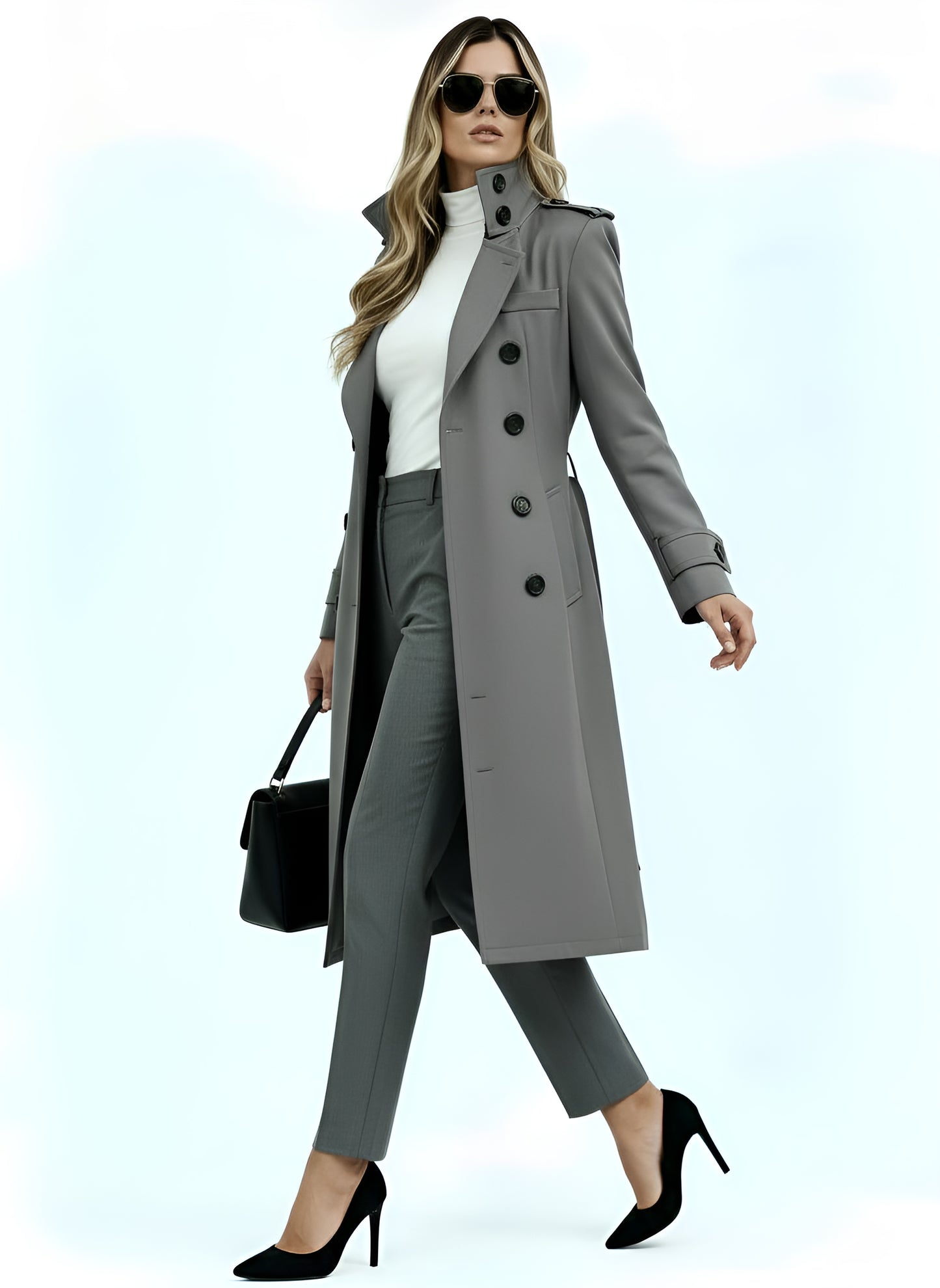 Women’s Long Coat with High Collar & Tie-Belt – Elegant Trench Style Outerwear