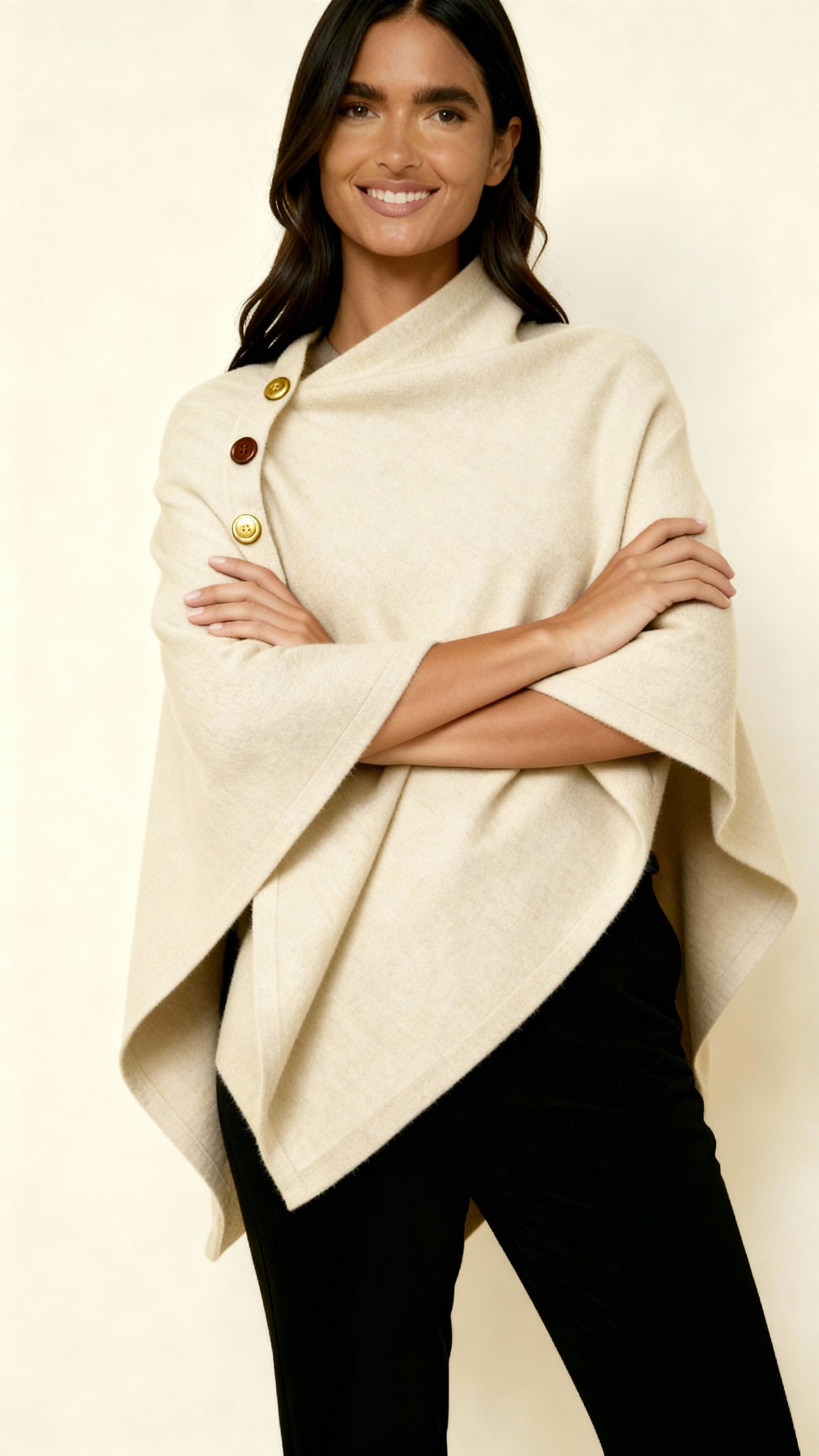 Women’s Asymmetric Button Detail Poncho – Elegant Draped Fit & Stylish Layering Essential