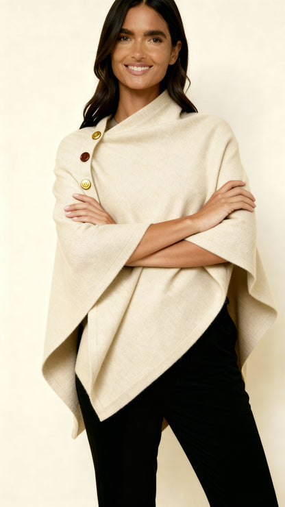 Women’s Asymmetric Button Detail Poncho – Elegant Draped Fit & Stylish Layering Essential