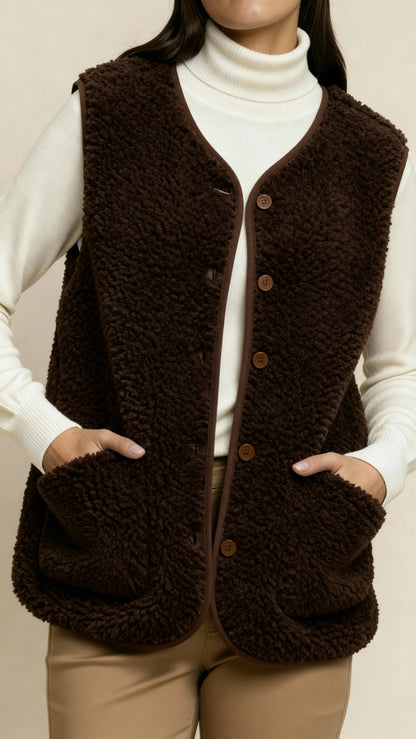 Women’s Shearling Style Gilet – Soft Textured Sleeveless Vest with Button Closure and Pockets