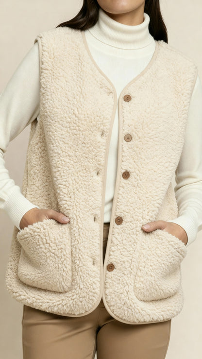 Women’s Shearling Style Gilet – Soft Textured Sleeveless Vest with Button Closure and Pockets