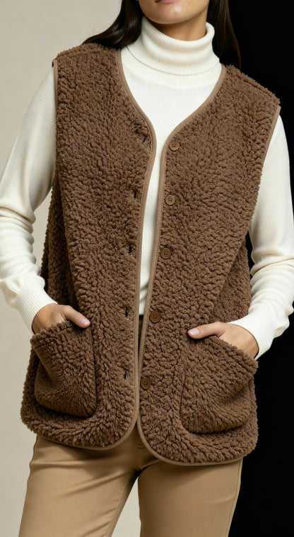 Women’s Shearling Style Gilet – Soft Textured Sleeveless Vest with Button Closure and Pockets
