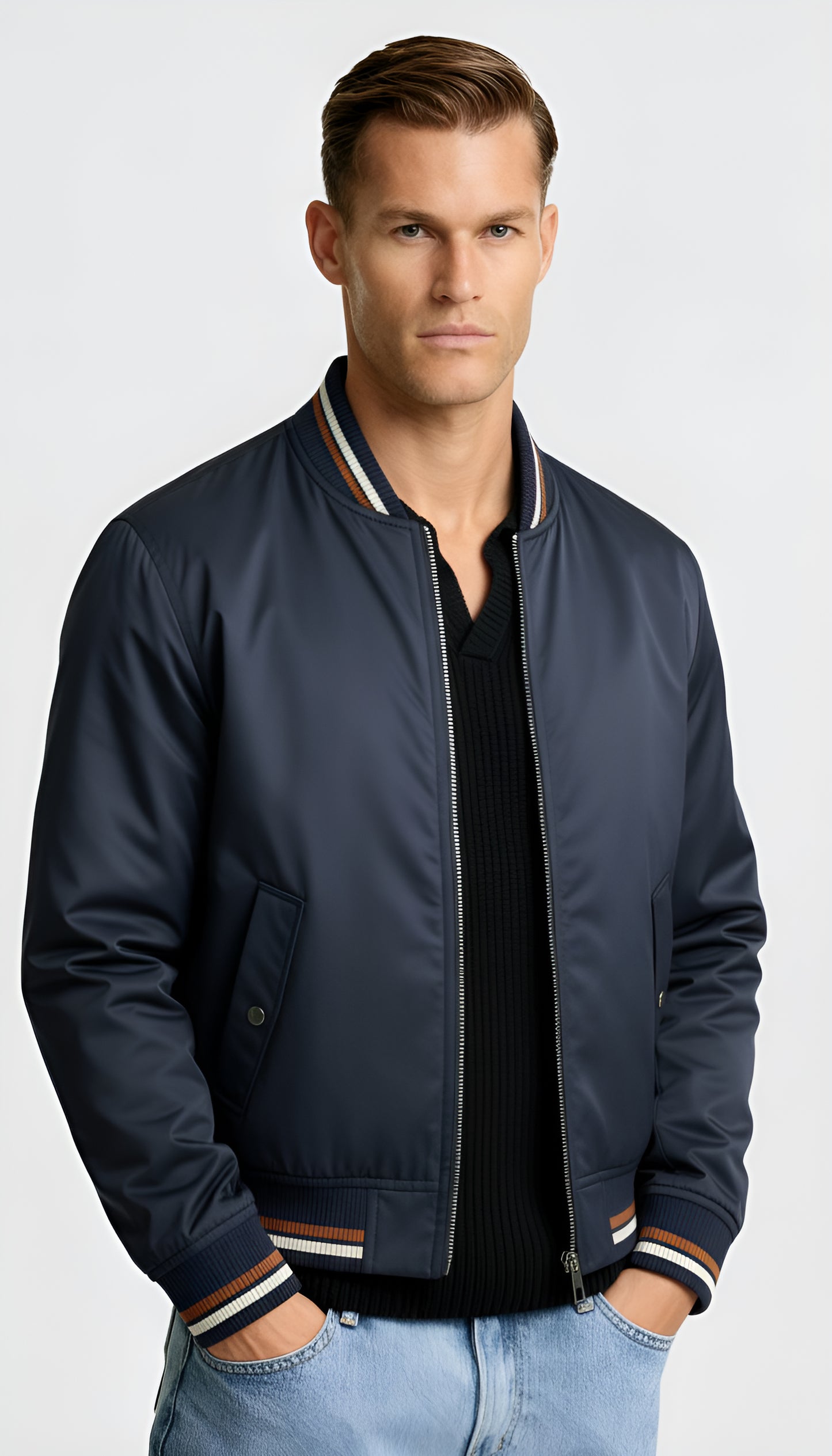 Men’s Lightweight Zip-Up Bomber Jacket – Classic Ribbed Trim Casual Coat