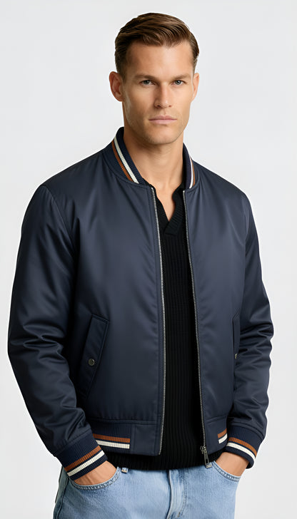 Men’s Lightweight Zip-Up Bomber Jacket – Classic Ribbed Trim Casual Coat