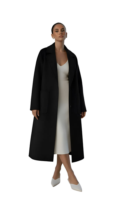 Women's Winter Longline Coat - Notch Lapel and Single Button Closure