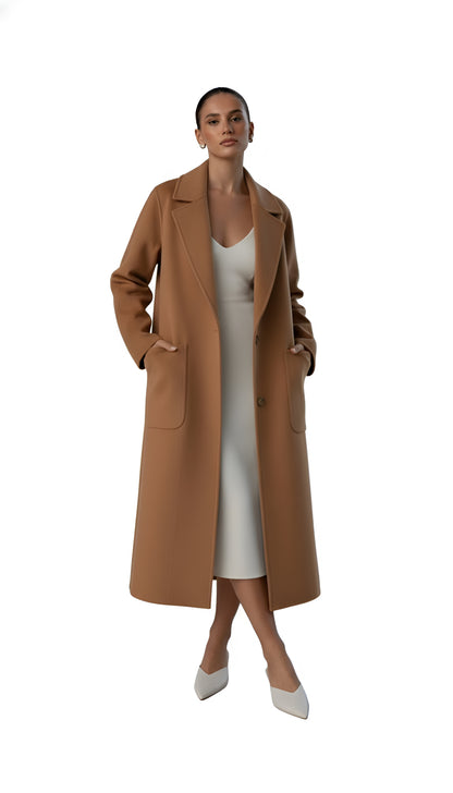 Women's Winter Longline Coat - Notch Lapel and Single Button Closure