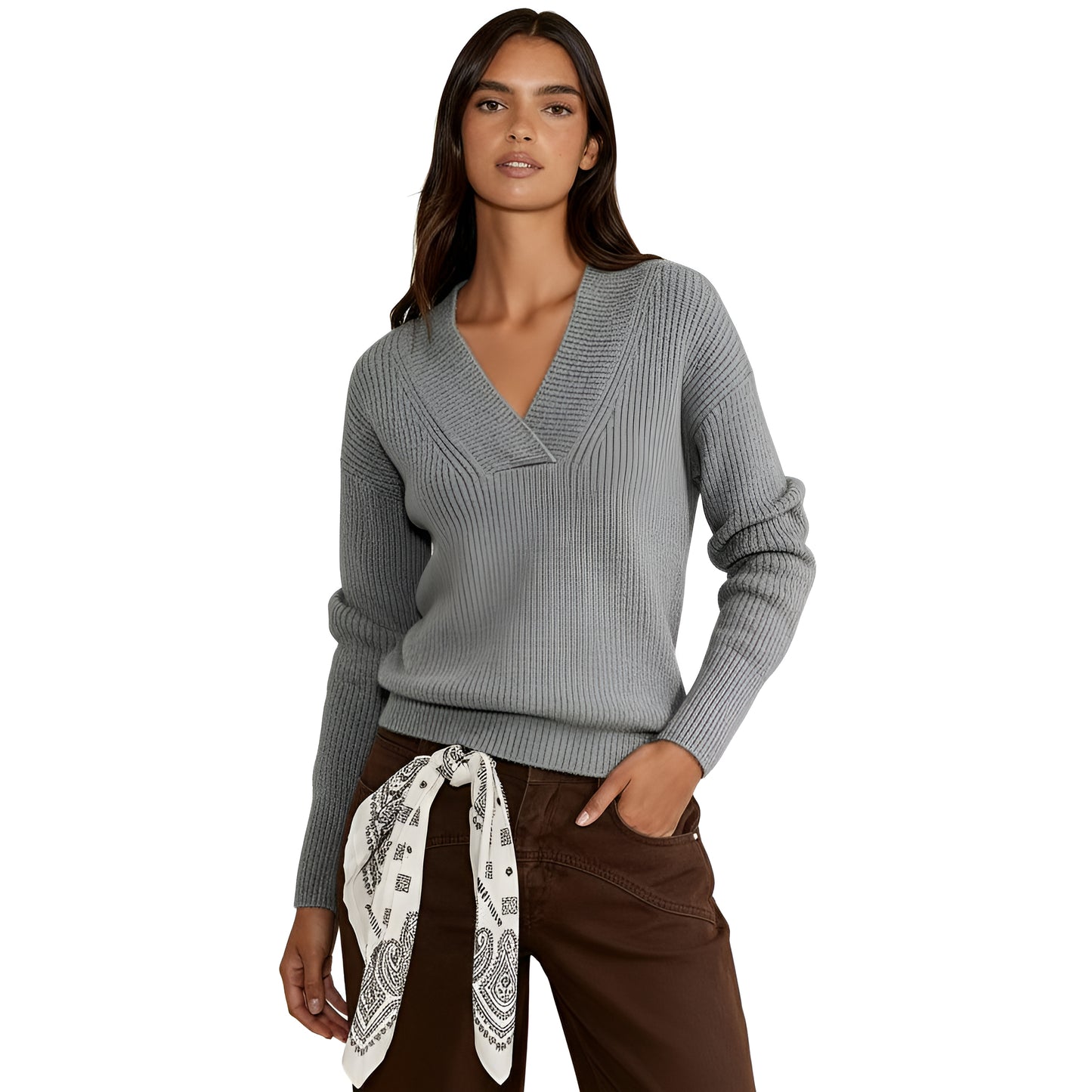 Women’s V-Neck Jumper – Ribbed Knit Long Sleeve Sweater for Cozy Everyday Elegance