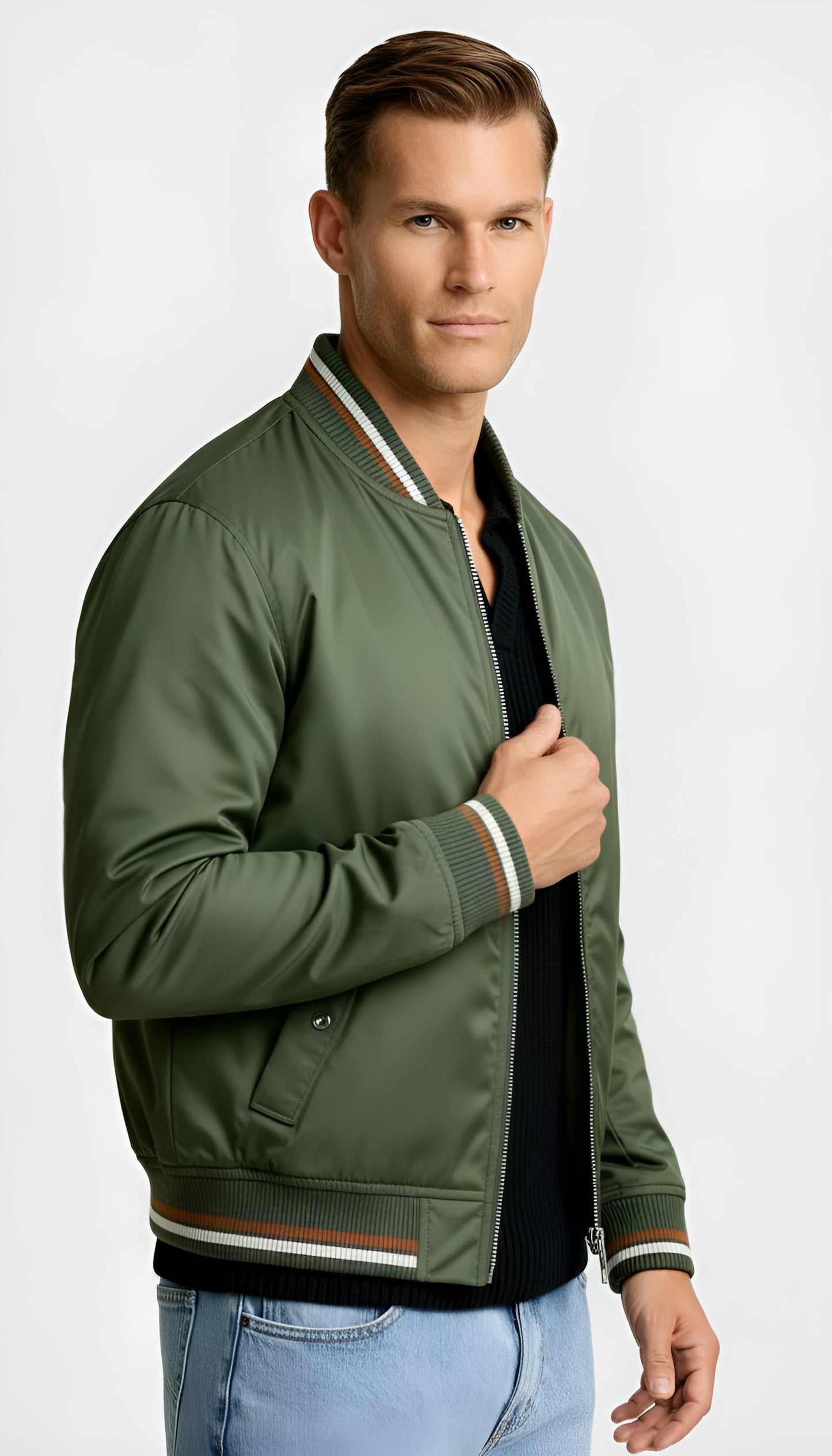 Men’s Lightweight Zip-Up Bomber Jacket – Classic Ribbed Trim Casual Coat